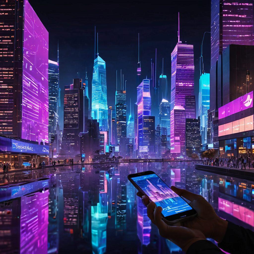 A futuristic cityscape integrating augmented reality elements, with holographic data visualizations floating above buildings, showcasing graphs and statistics in vibrant neon colors. Incorporate people interacting with the AR displays, highlighting the fusion of the digital and physical worlds. The sky should be a gradient of twilight blues and purples, enhancing the tech vibe. super-realistic. vibrant colors. cyberpunk.
