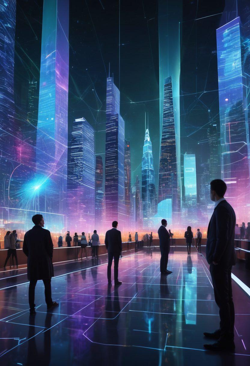 A futuristic city skyline illuminated by dynamic data visualizations and graphs, showcasing AI algorithms at work. In the foreground, a diverse group of professionals analyzes trends on holographic screens. Vibrant colors and swirling data streams create a sense of innovation and insight. modern technology meets urban life. super-realistic. vibrant colors.